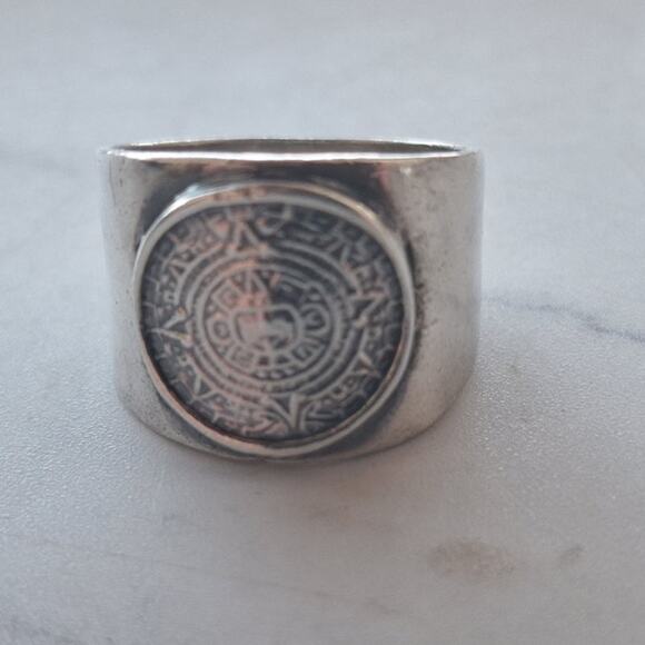 VTG.925 Sterling Silver Ancient Aztec Mayan Sun Calendar Round Signet Ring  8.75 - Picture 5 of 5